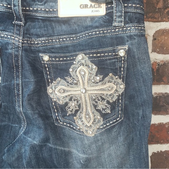 Grace in LA Boot Cut Dark Wash Jeans with Rhinestone Cross on Back Pocket - Picture 12 of 13
